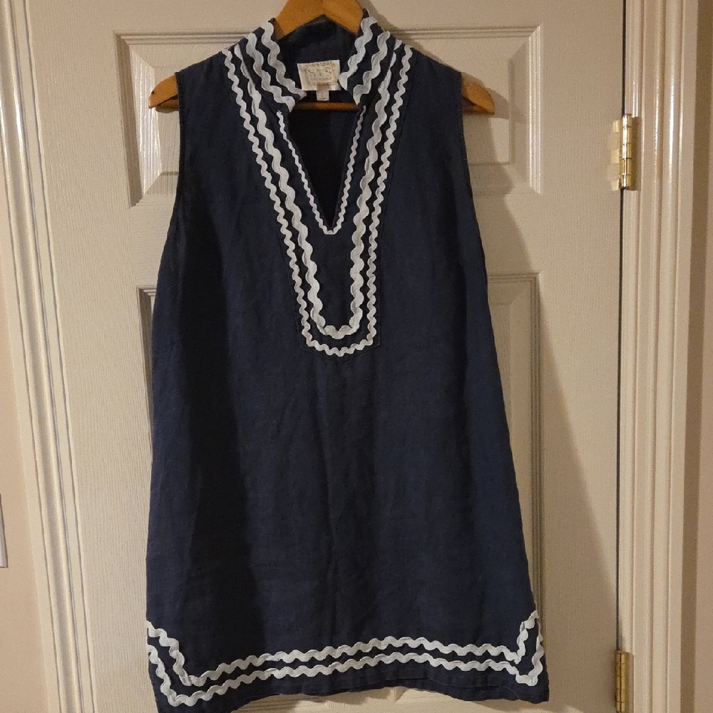 Sail to Sable Navy Linen Blend Ric Rac Tunic Shift Dress Size L
